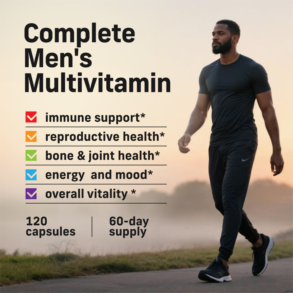Alpha Tribe Men’s Multivitamin – daily vitamins and minerals for modern men’s wellness practicing mindfulness while using Alpha Tribe multivitamin Men’s Multivitamin bottle with fresh ingredients vitamin breakdown
