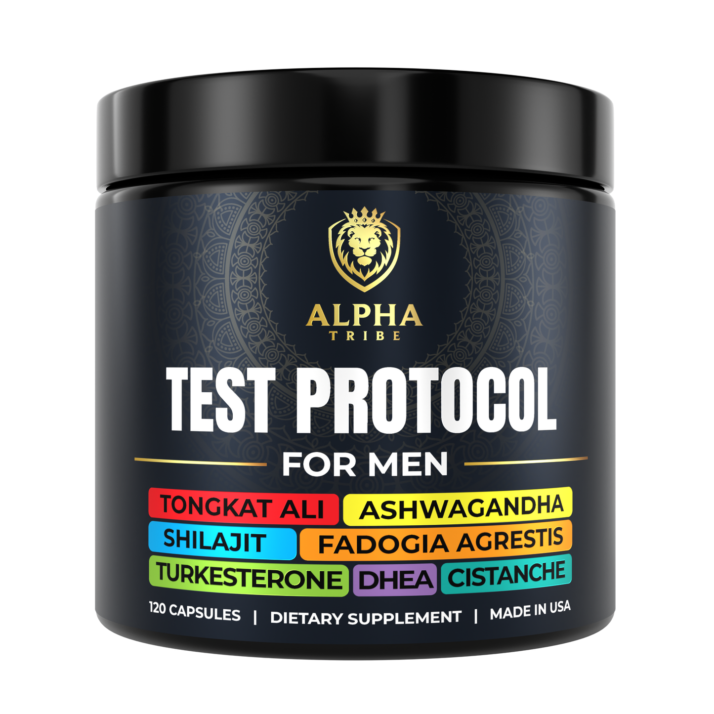 Alpha Tribe Test Protocol men’s supplement bottle – vitality support capsules active man during workout representing Alpha Tribe daily supplement use with natural herbal ingredients