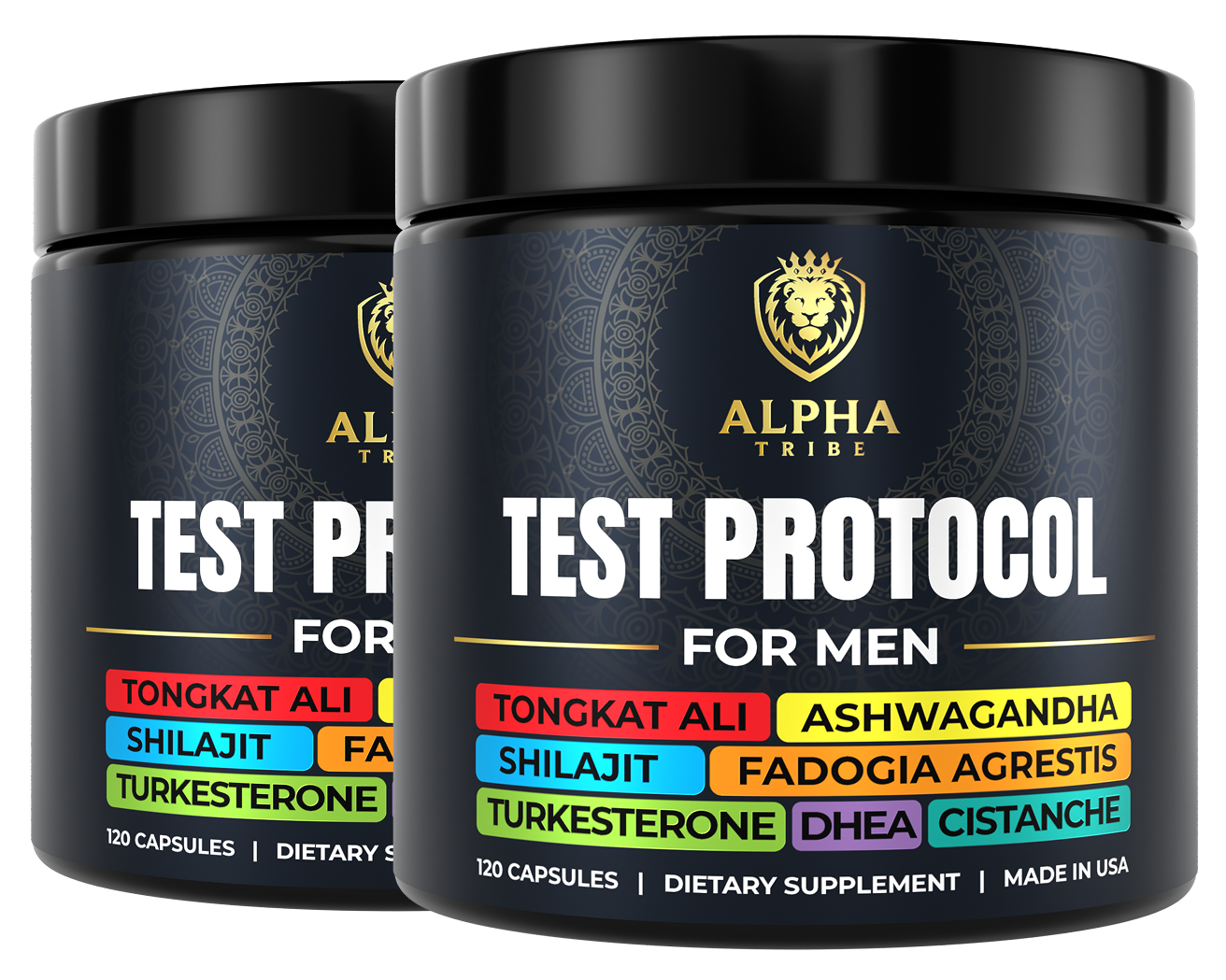 Alpha Tribe Test Protocol men’s supplement bottle – vitality support capsules active man during workout representing Alpha Tribe daily supplement use with natural herbal ingredients