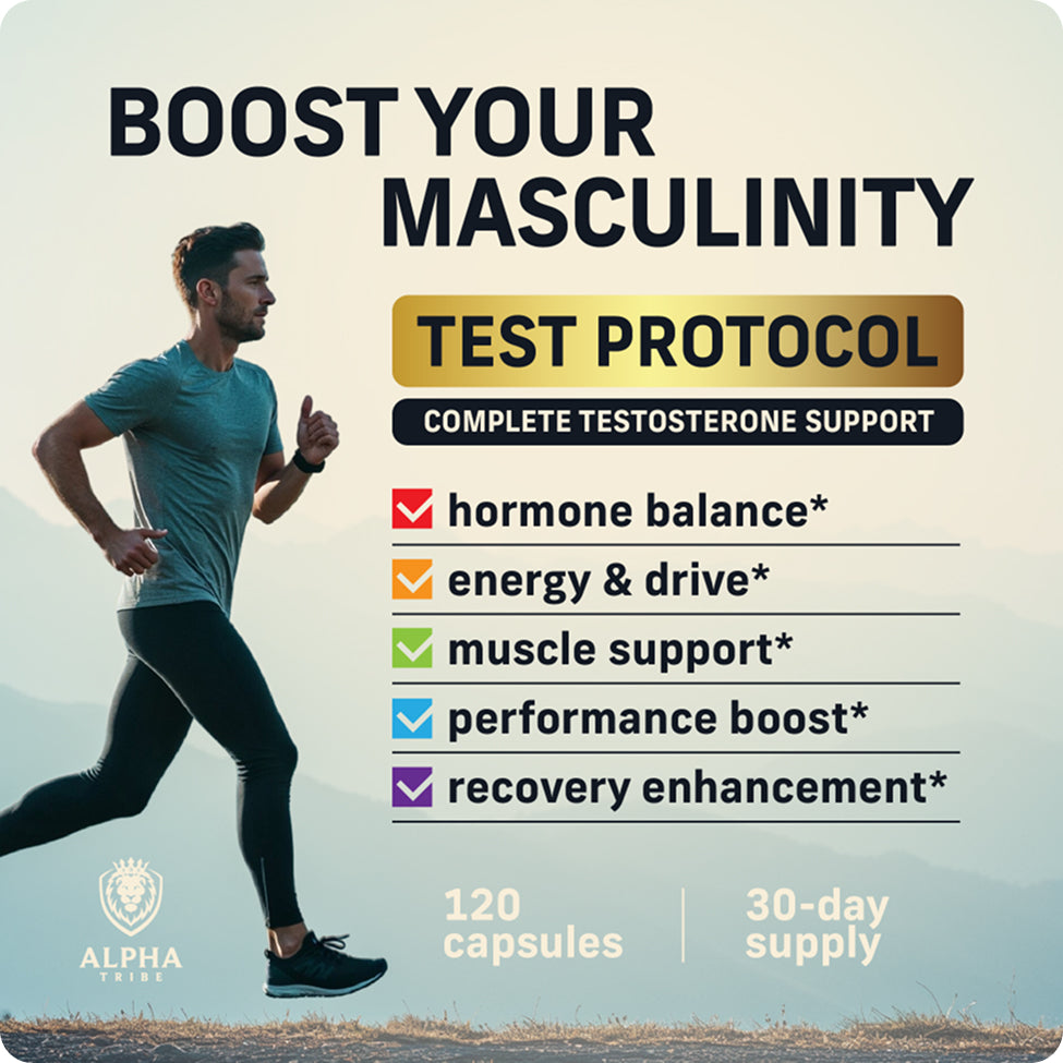 Alpha Tribe Test Protocol men’s supplement bottle – vitality support capsules active man during workout representing Alpha Tribe daily supplement use with natural herbal ingredients