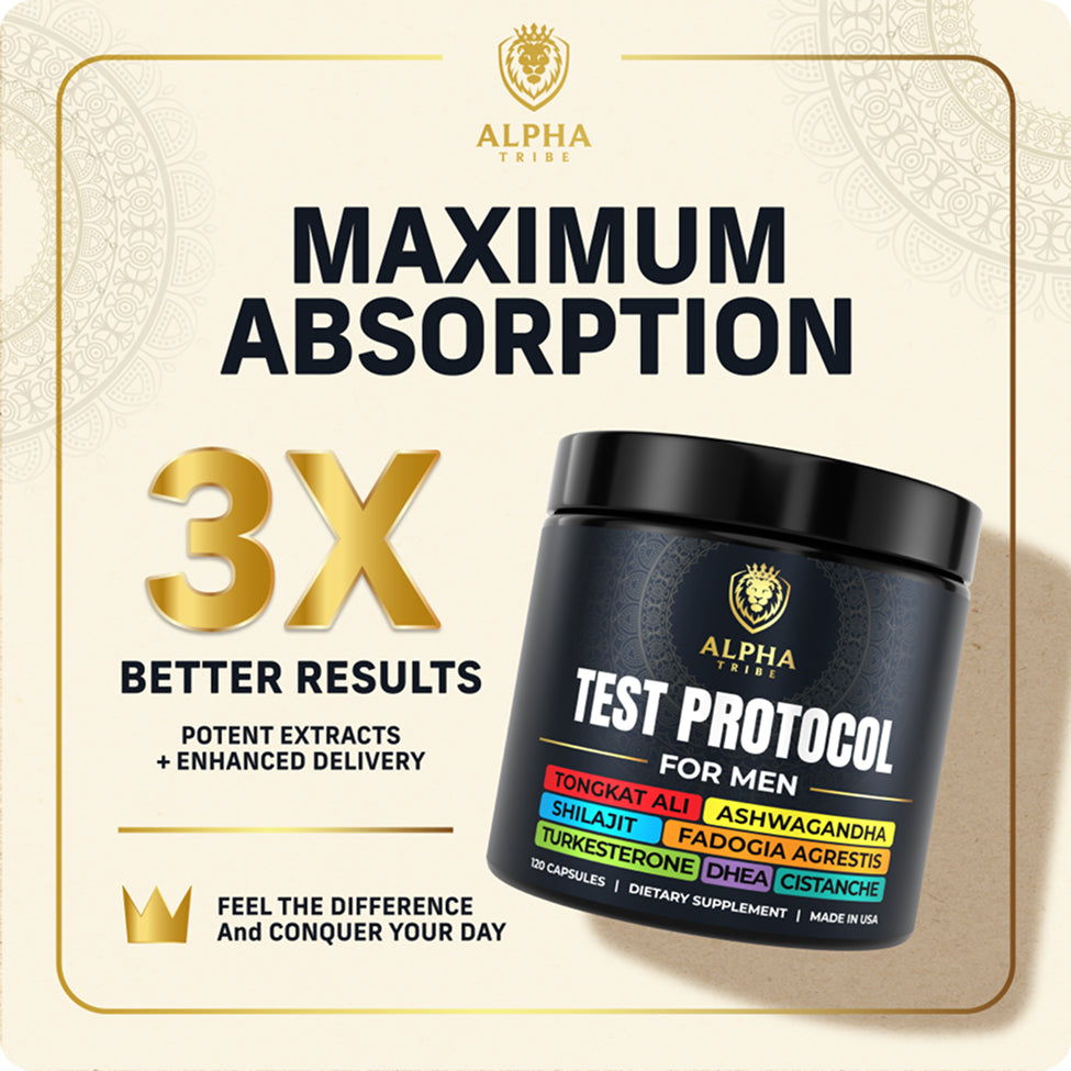 Alpha Tribe Test Protocol men’s supplement bottle – vitality support capsules active man during workout representing Alpha Tribe daily supplement use with natural herbal ingredients