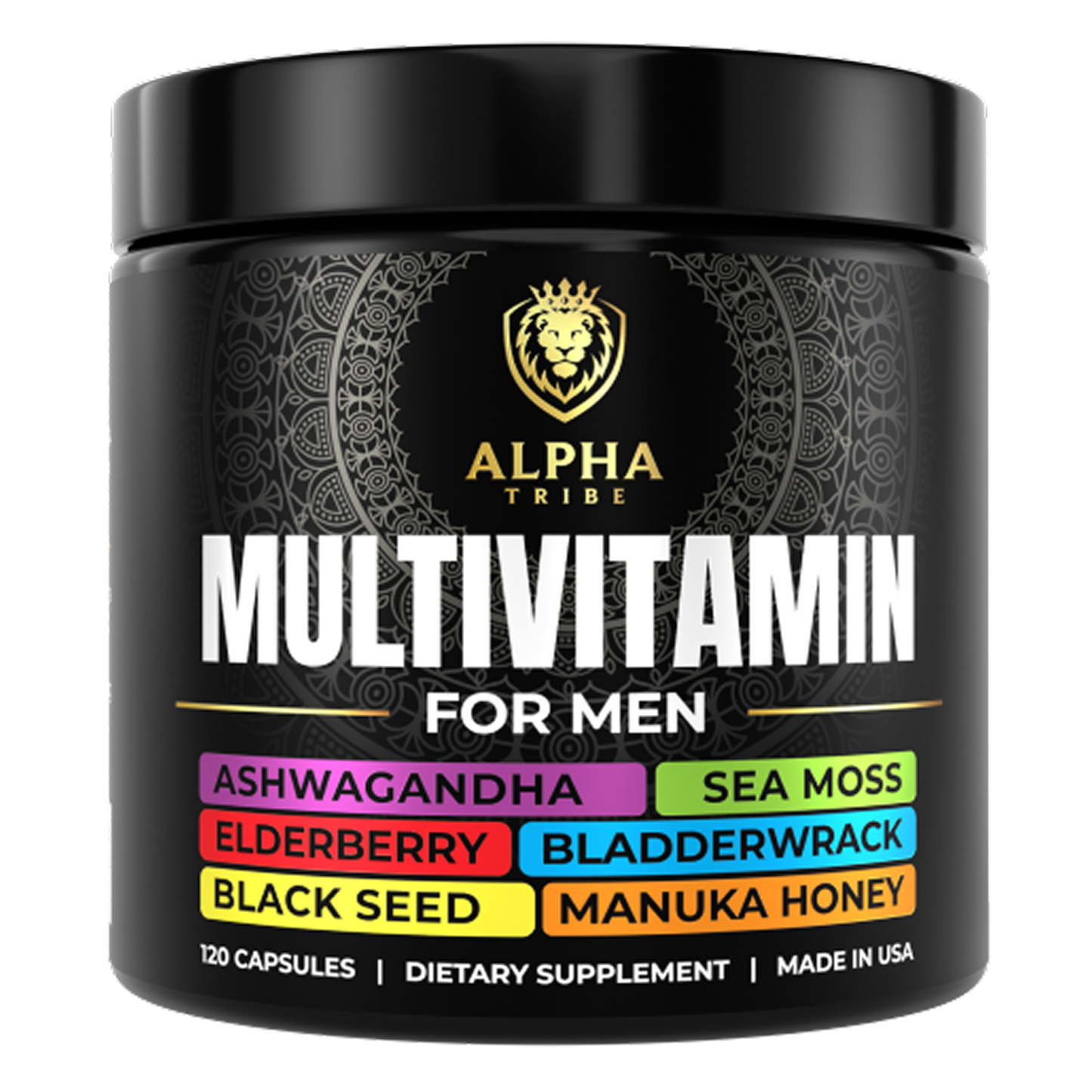 Alpha Tribe Men’s Multivitamin – daily vitamins and minerals for modern men’s wellness practicing mindfulness while using Alpha Tribe multivitamin Men’s Multivitamin bottle with fresh ingredients vitamin breakdown