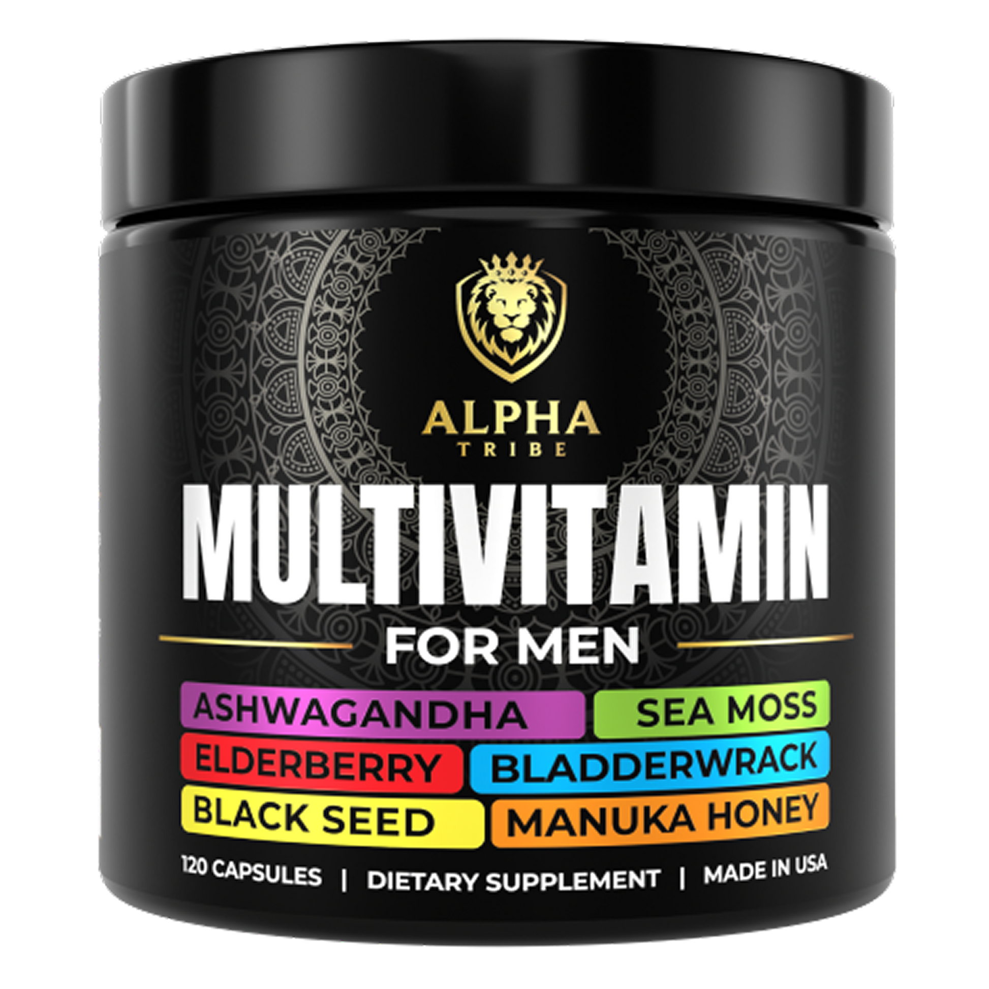 Alpha Tribe Men’s Multivitamin – daily vitamins and minerals for modern men’s wellness practicing mindfulness while using Alpha Tribe multivitamin Men’s Multivitamin bottle with fresh ingredients vitamin breakdown